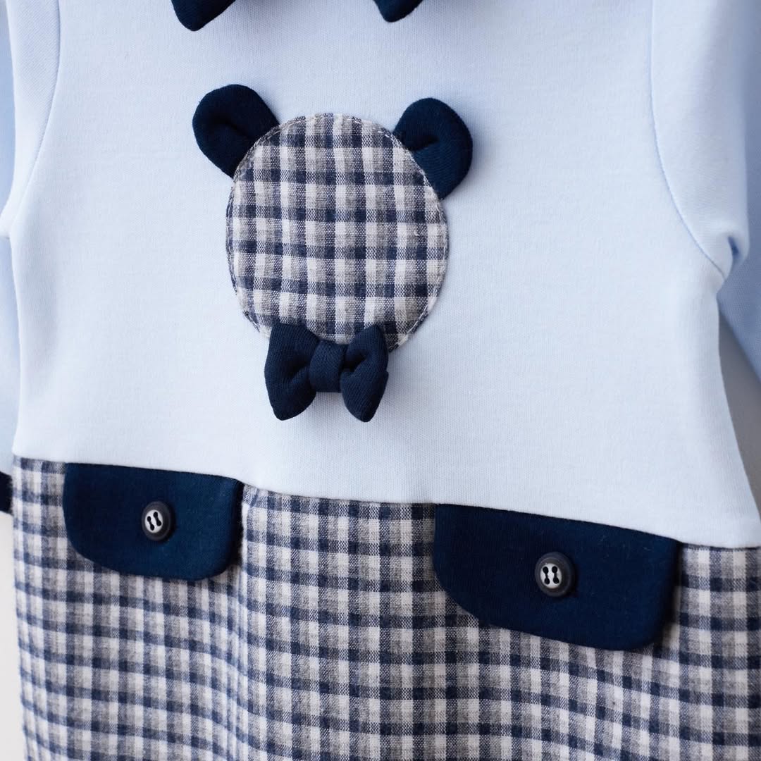 Adorable navy check bear baby romper, breathable cotton clothing for infants and toddlers.