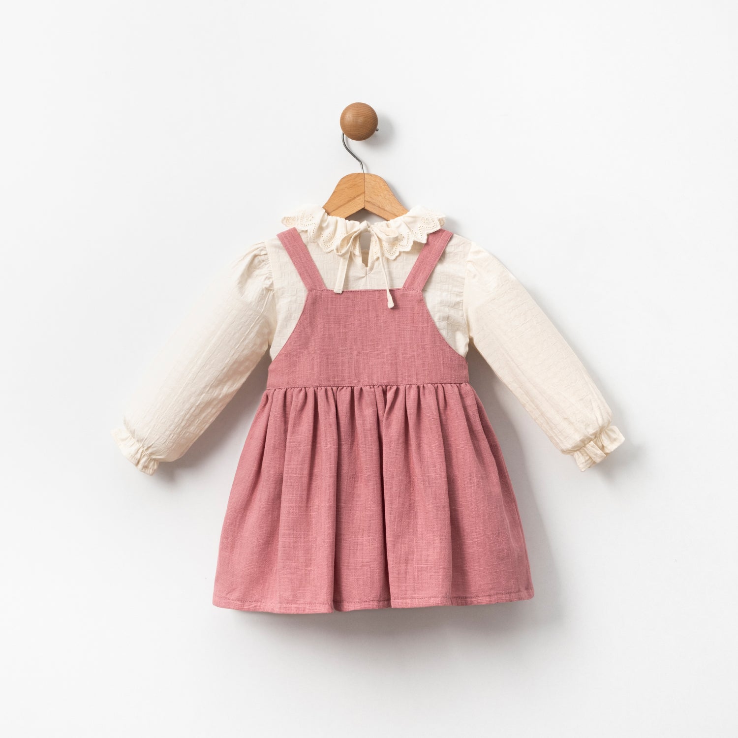 Baby girl dusty rose pinafore dress and blouse set, breathable cotton toddler clothing