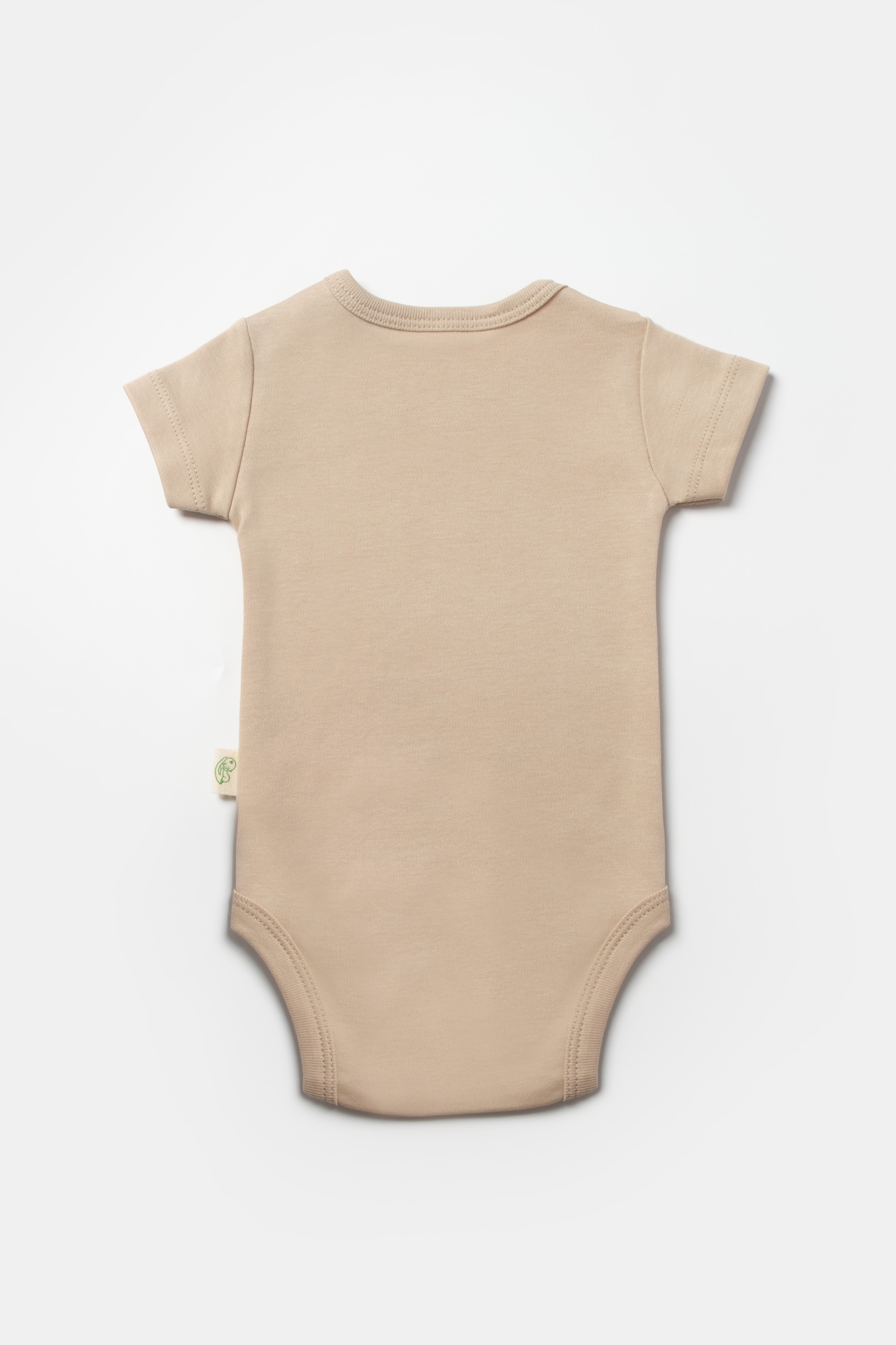 Brown giraffe print organic cotton bodysuit, breathable unisex clothing for infant comfort.