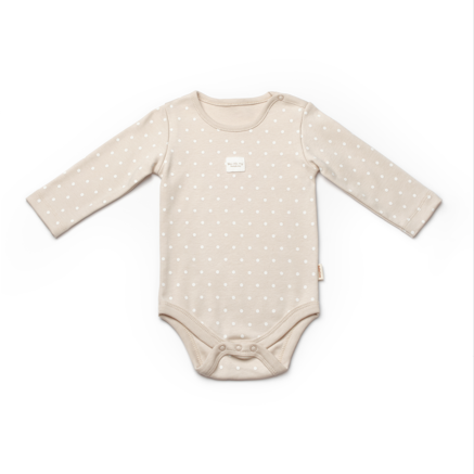 Brown long sleeve polka dot baby bodysuit, cozy cotton outfit for everyday infant wear.
