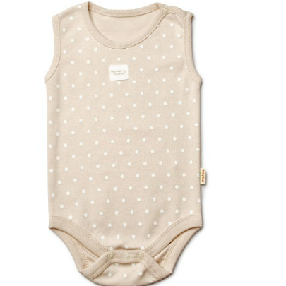 Brown sleeveless polka dot baby bodysuit, soft organic cotton outfit for infants.