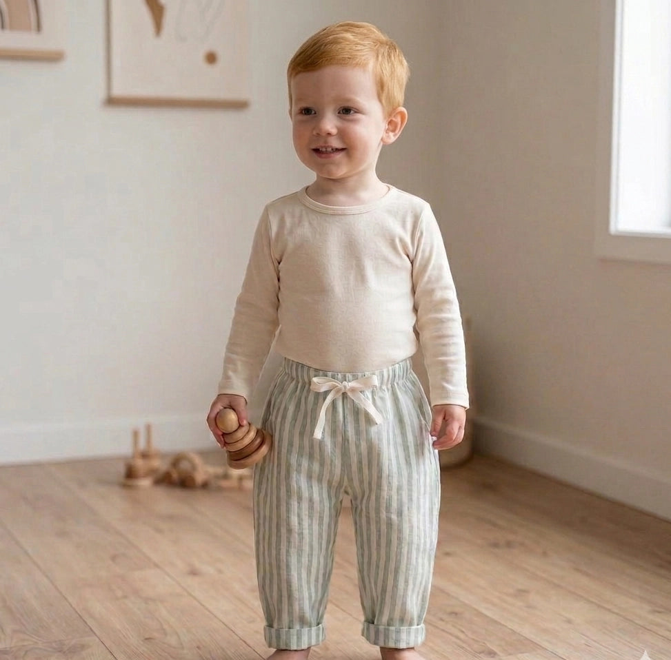 Blue striped organic toddler pants for boys and girls.