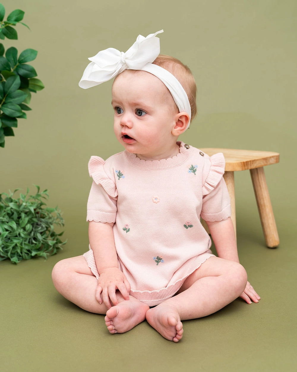 pink organic cotton baby girl knit dress with floral embroidery