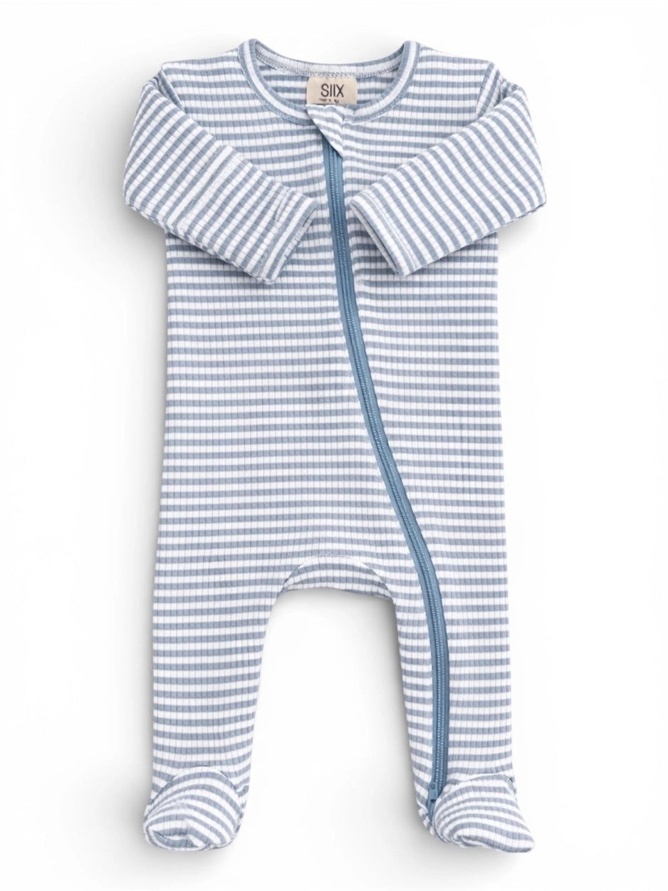 Dusty Blue Stripe / Ribbed 2-Way Zip Onesie