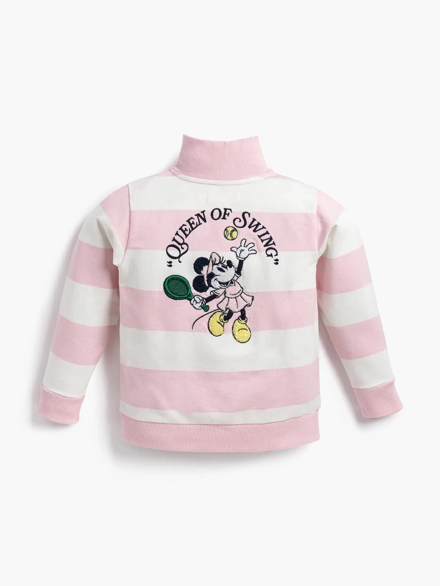 Toddler girl wearing Disney Minnie Mouse pink striped tennis sweatshirt with sporty design.