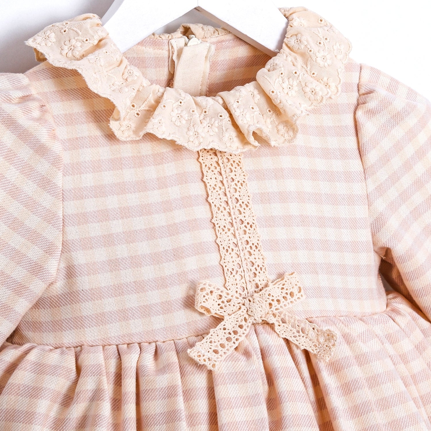 classic pastel gingham dress for babies with delicate lace