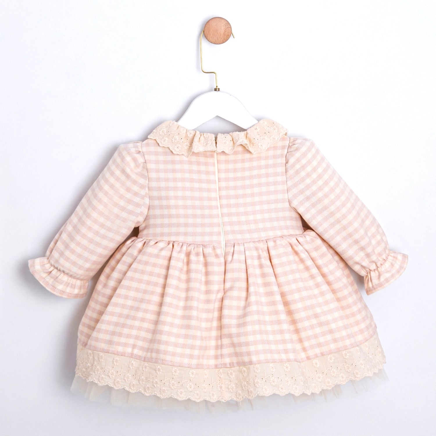 soft blush checkered baby dress with vintage lace trim