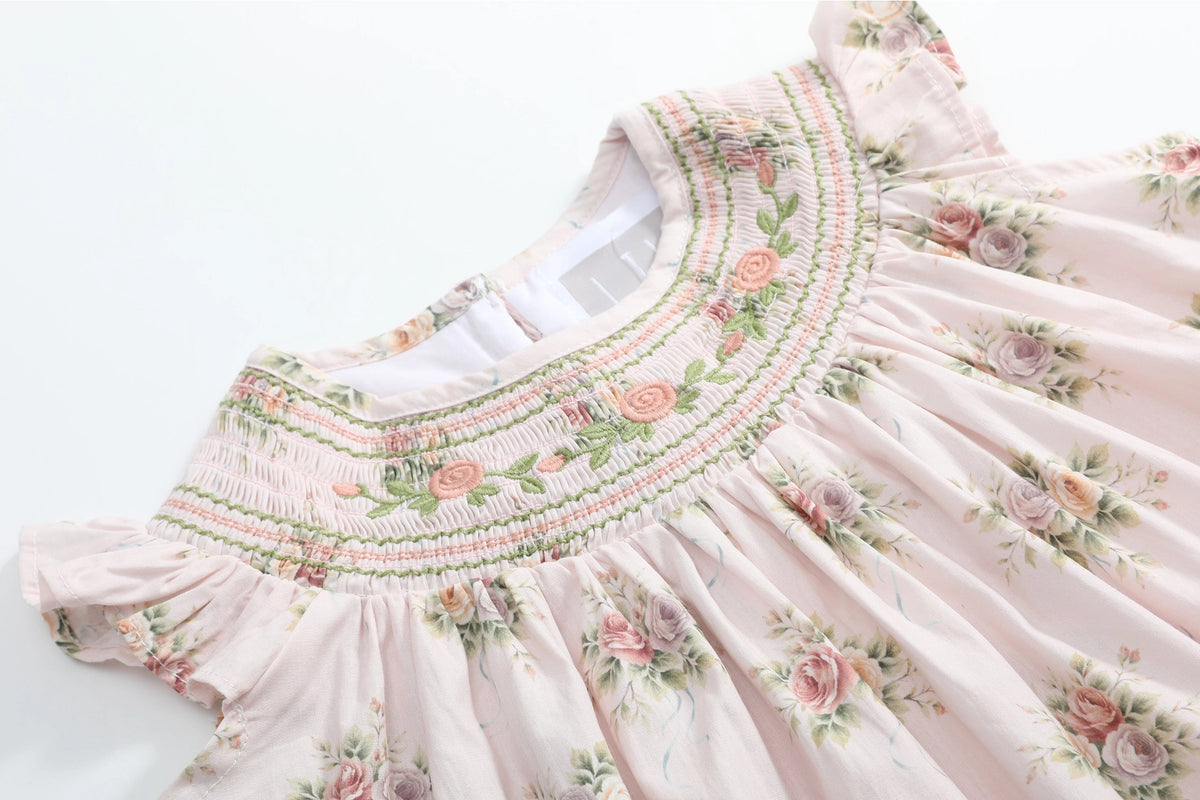 delicate embroidered rose smocking on pink floral baby girl bishop dress