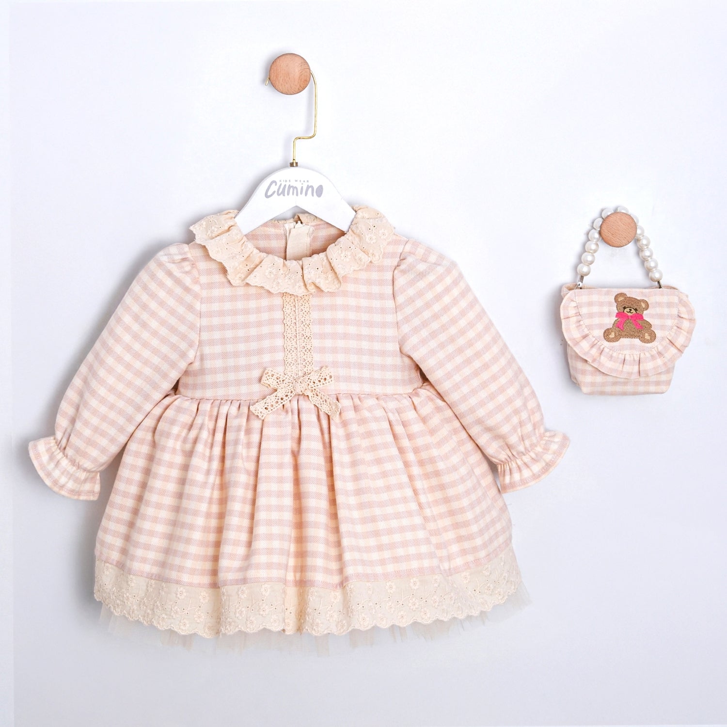 baby girl gingham dress with lace collar and bow detail