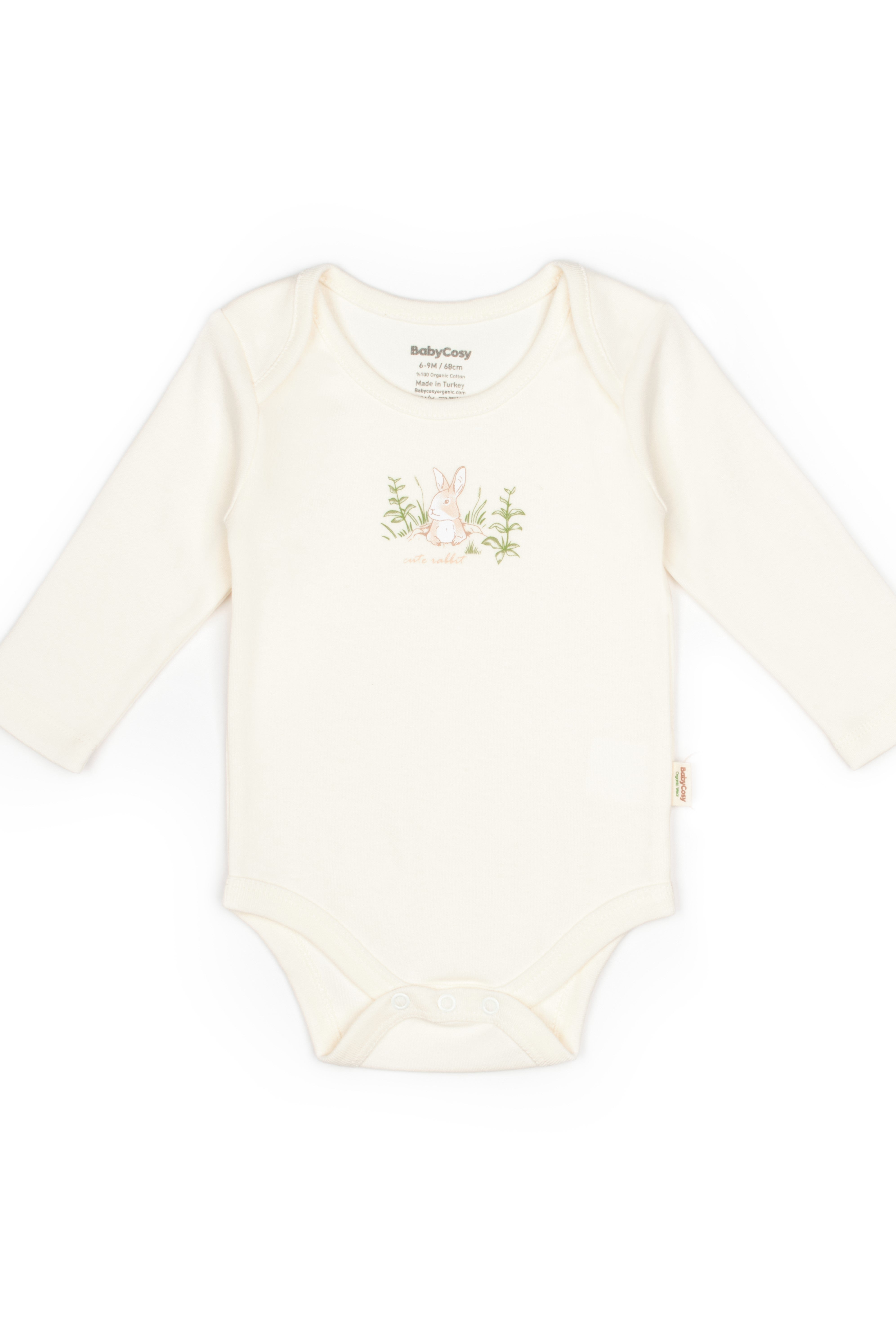 Ecru bunny long sleeve baby bodysuit, soft 100% organic cotton outfit for infants.