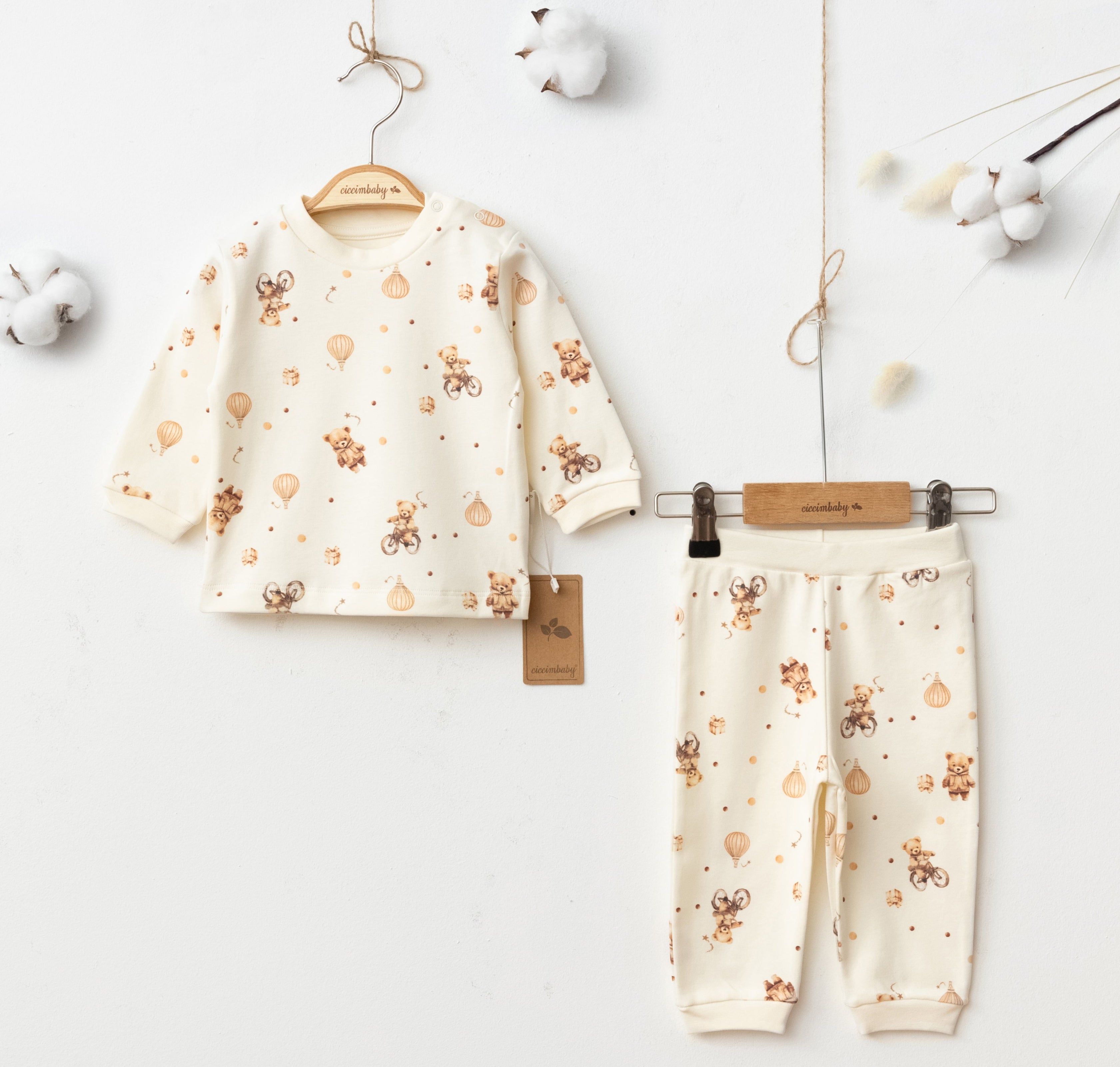 Mini Bicycle Teddy 2 piece baby set, cozy cotton outfit designed for newborns and toddlers.