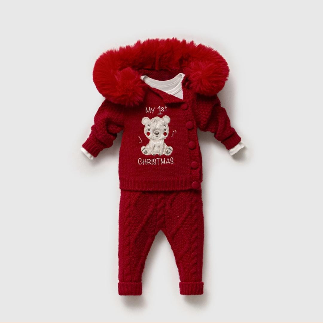 My First Christmas hooded knit baby set, cozy cotton holiday outfit for newborns and toddlers.