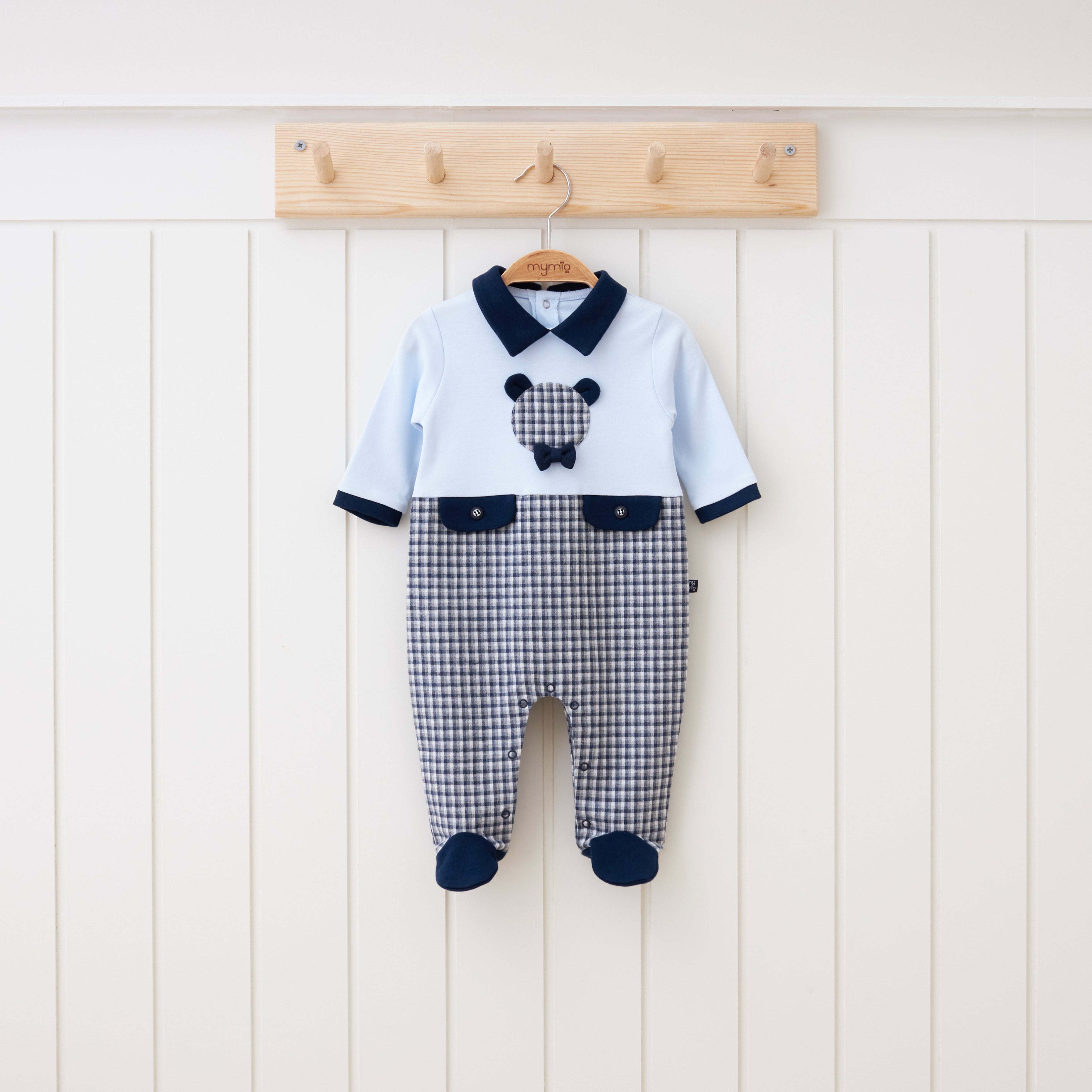 Navy check bear romper for babies, soft cotton outfit perfect for newborns and toddlers.