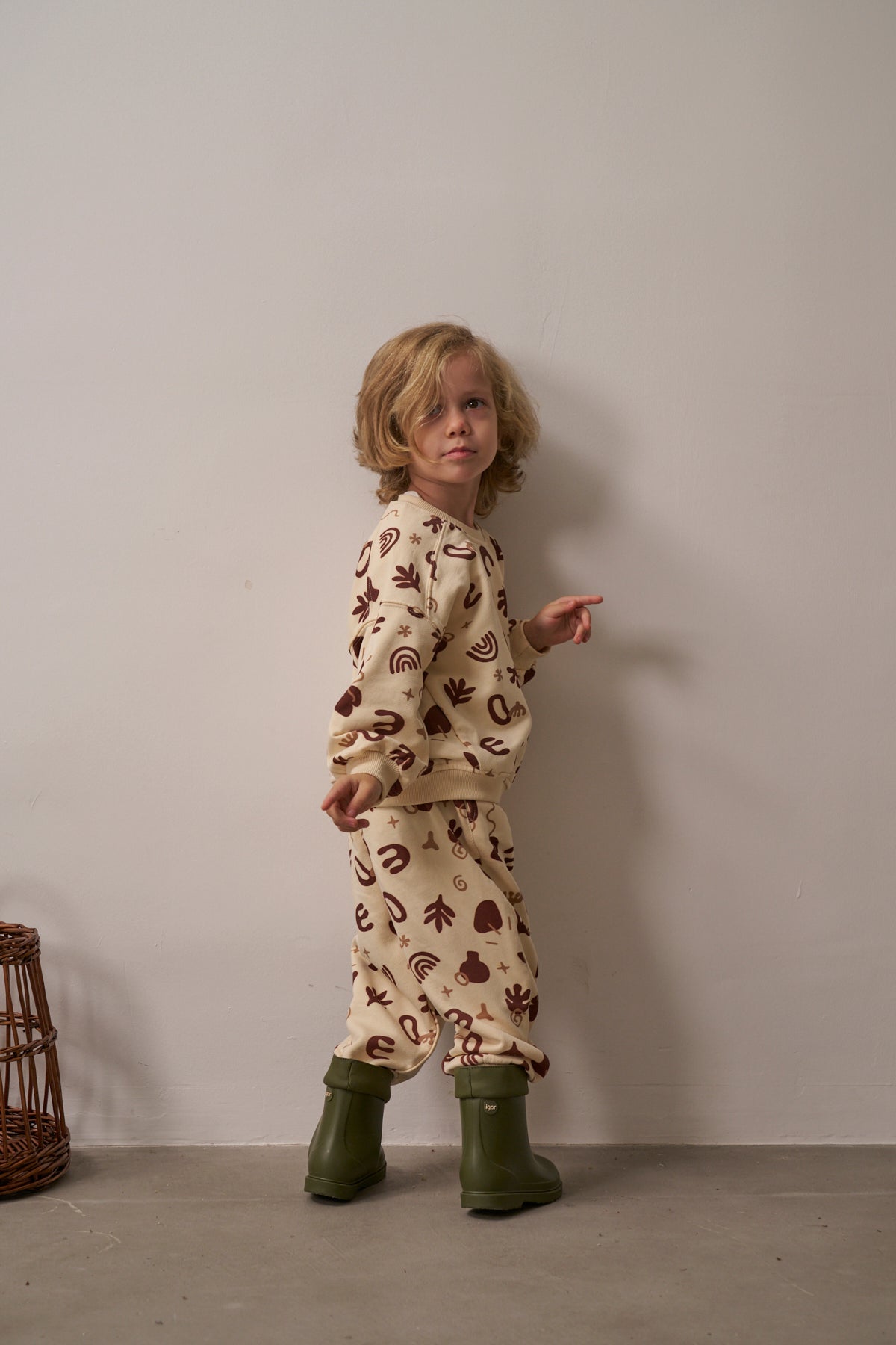 Boho kids lounge set with playful print by Honey and Hive