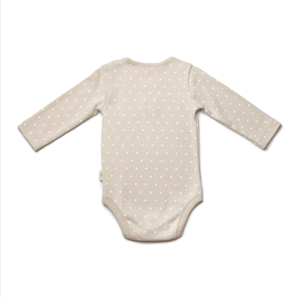 Adorable brown polka dot long sleeve bodysuit, stylish newborn clothing perfect for baby shower gift.