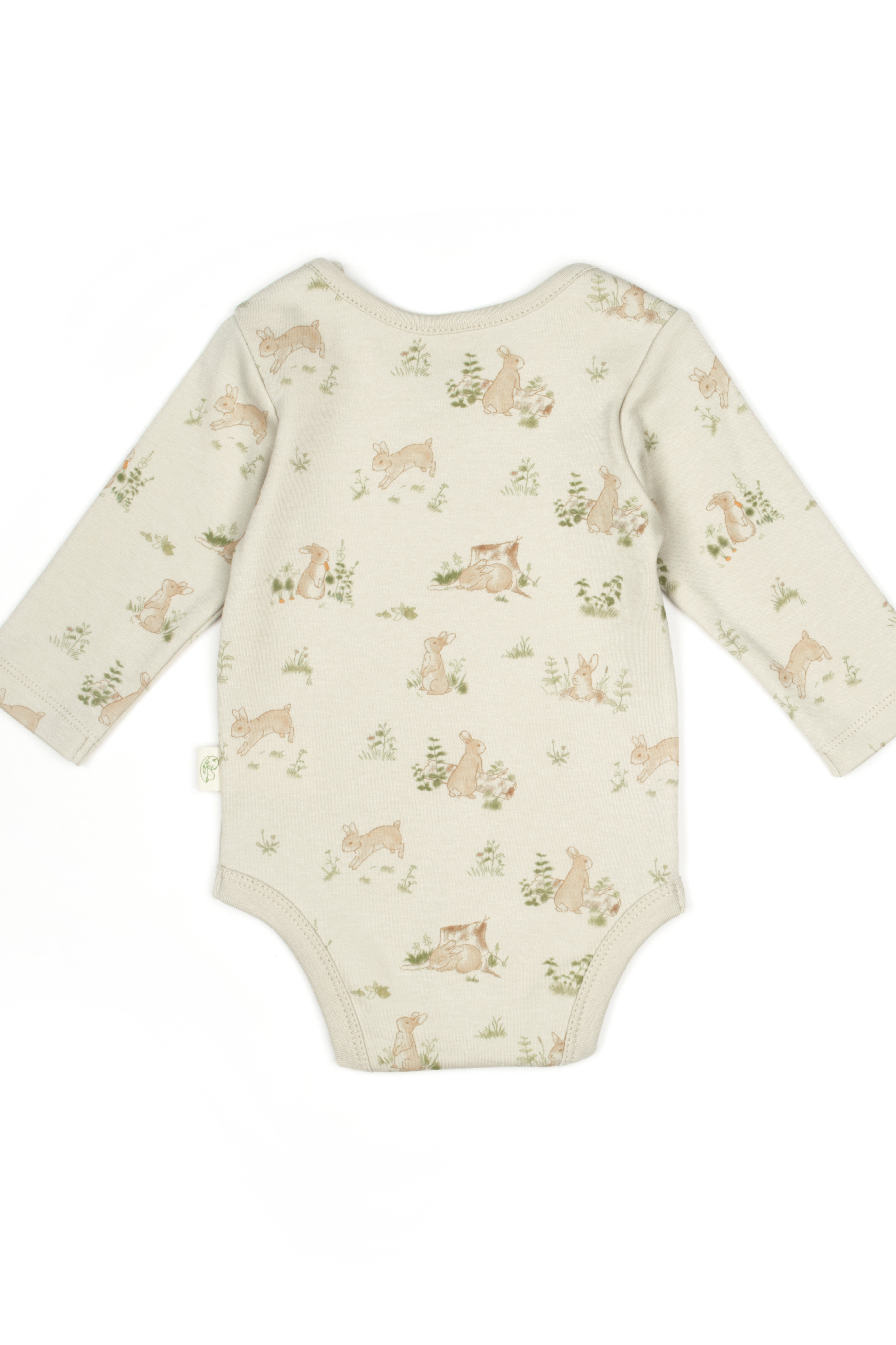 Organic cotton bunny print long sleeve bodysuit, breathable unisex clothing for newborns