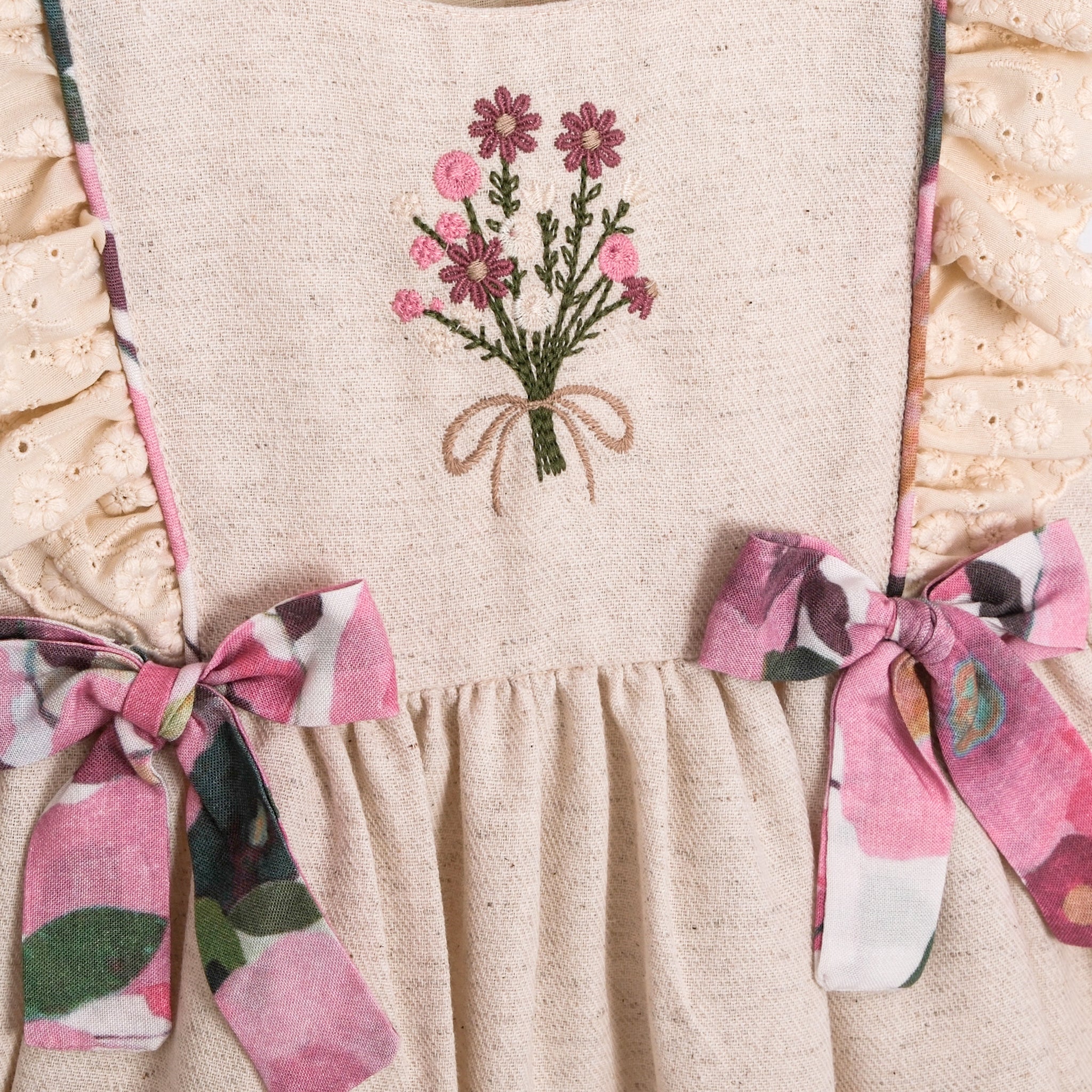 Organic linen dress with floral embroidery, timeless baby girl outfit ideal for gifting