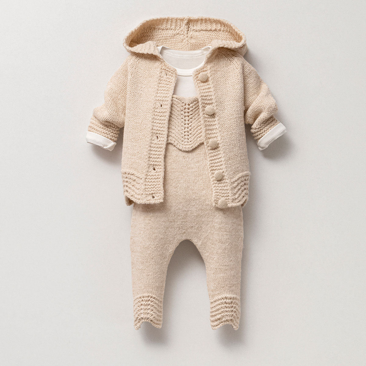 Shae 3 piece beige knitwear baby set, soft cotton outfit for newborns and toddlers.