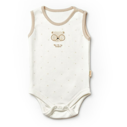 Teddy ecru sleeveless organic cotton baby bodysuit, cozy unisex outfit for infants.