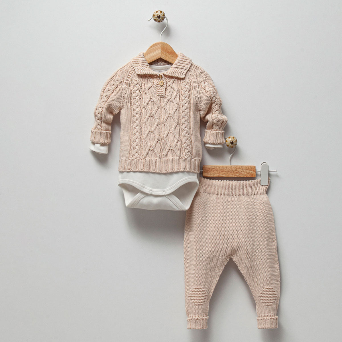 William 3 piece beige cable knit baby set, cozy cotton outfit for newborns and toddlers