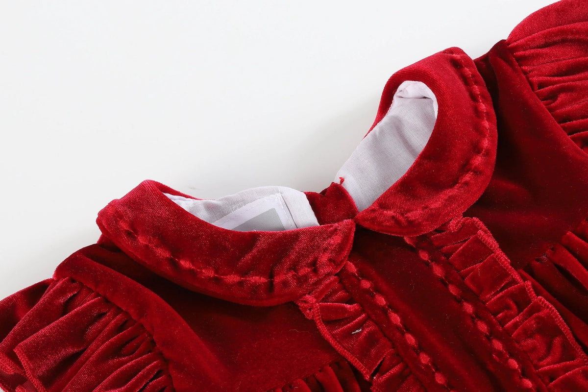 red velour peter pan collar and ruffle detail