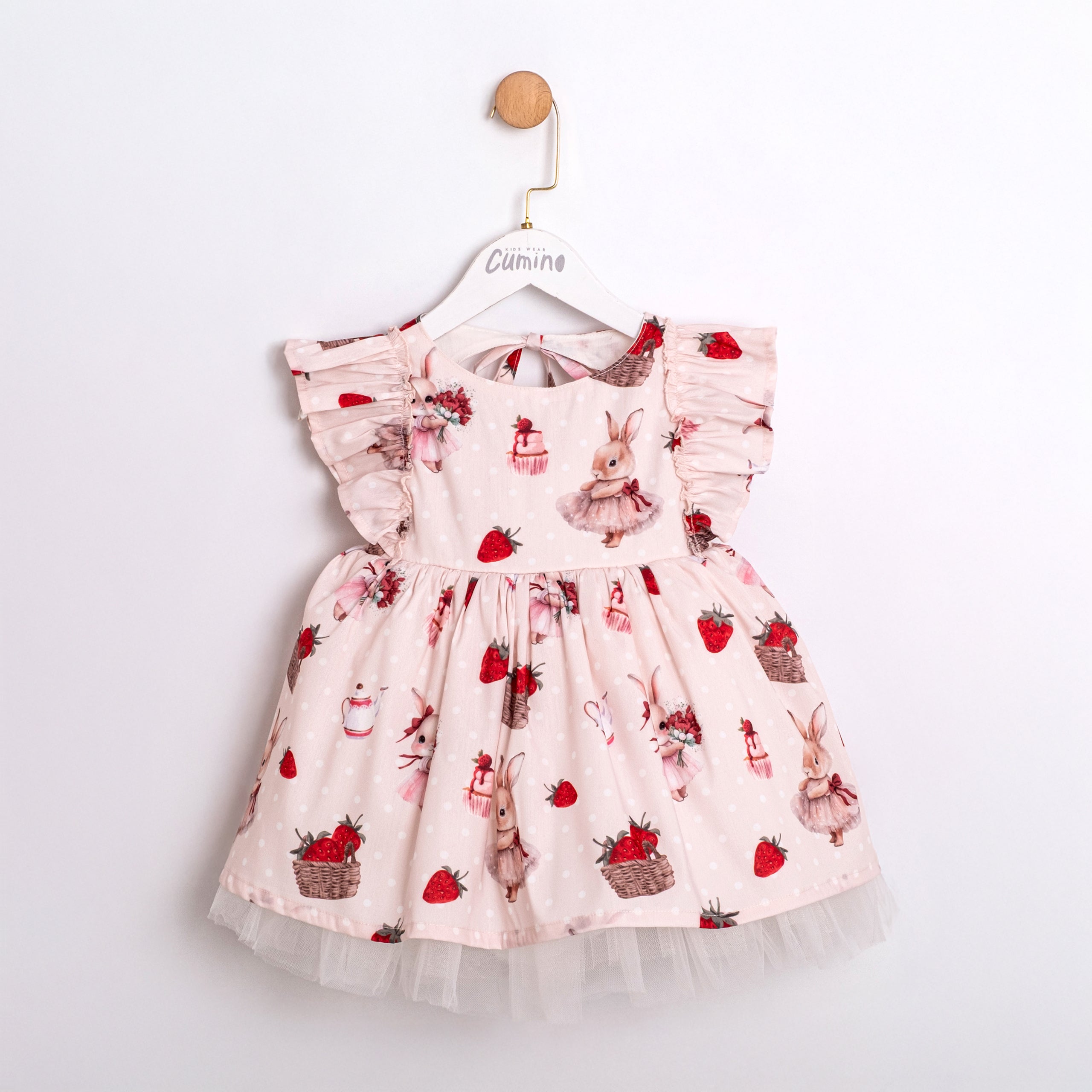 Amelia strawberry bunny baby girl dress with ruffle sleeves