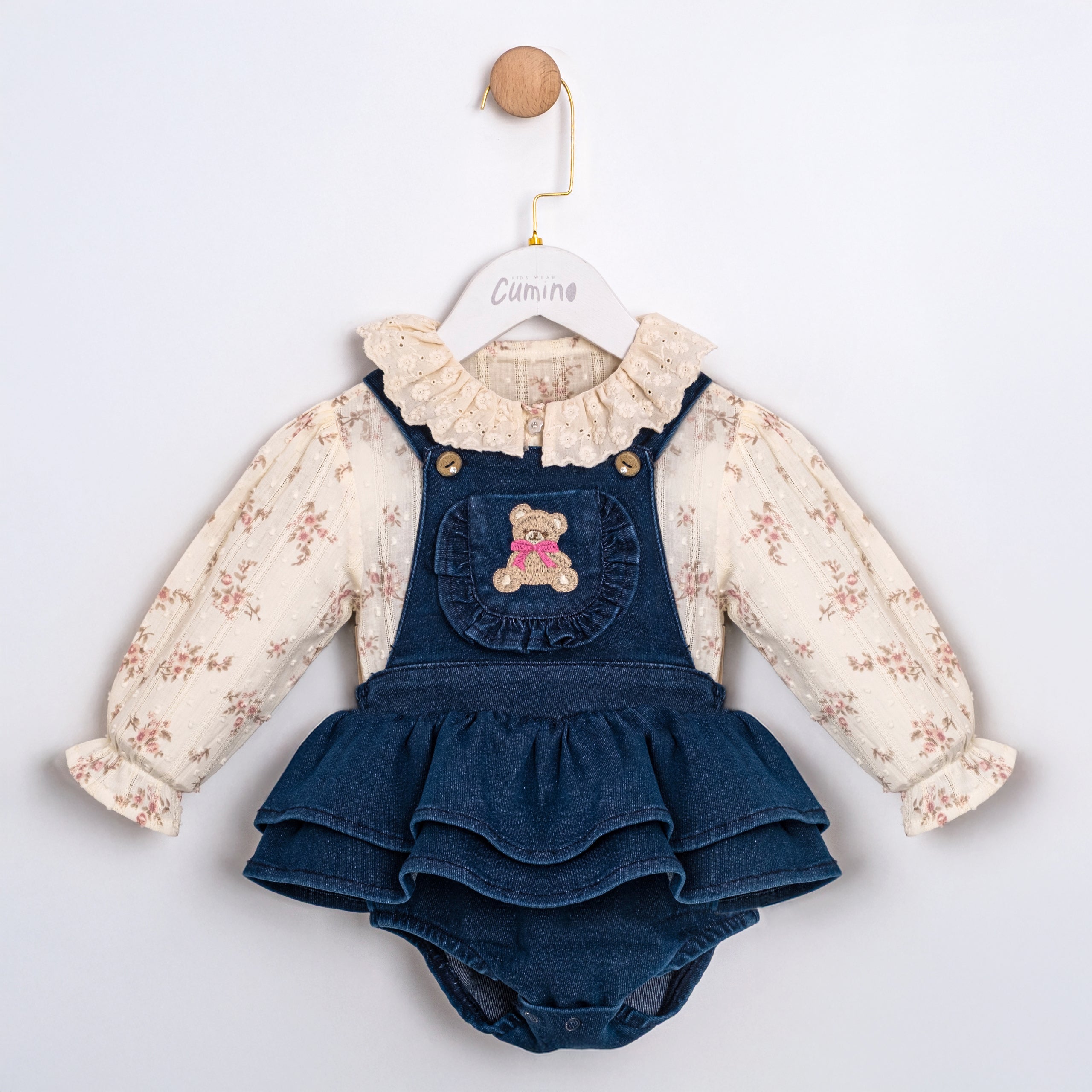 Baby girl denim pinafore outfit with teddy bear embroidery