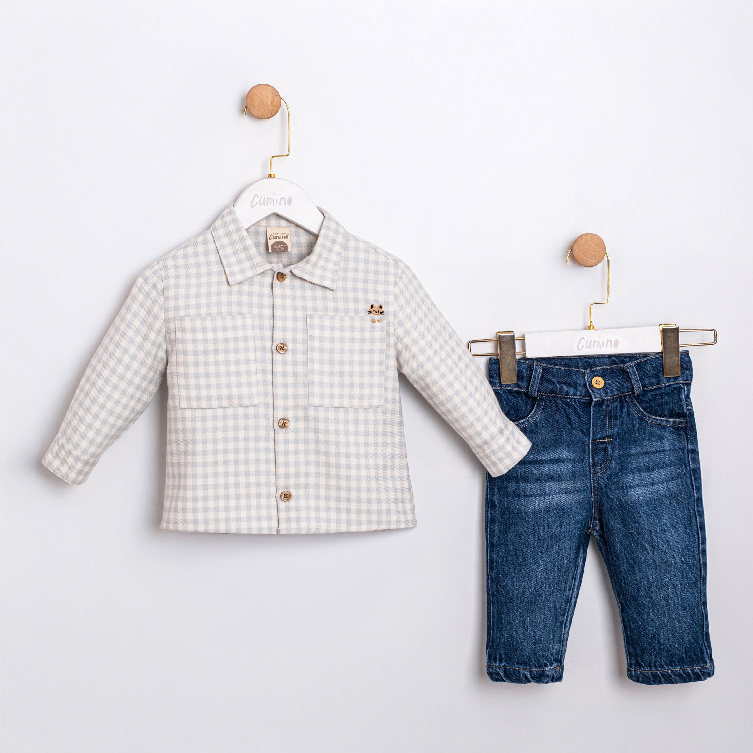Baby boy gingham shirt and denim pants outfit