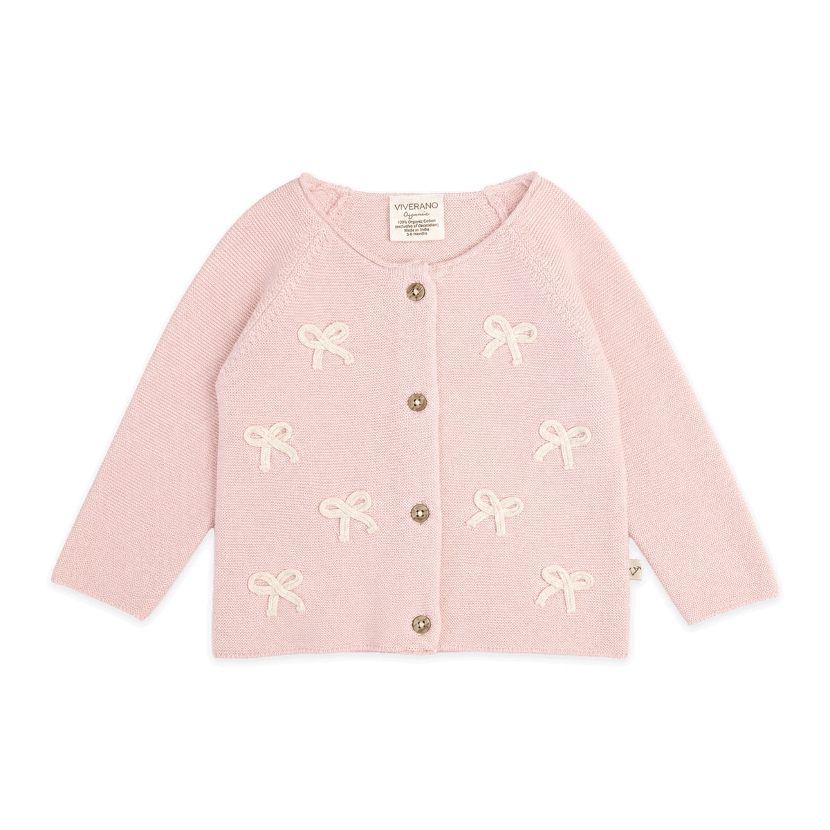 Soft pink knit baby sweater featuring delicate bow embroidery.