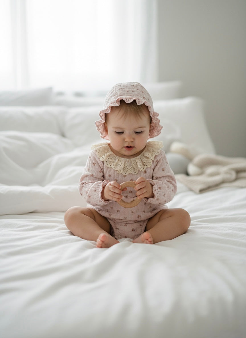 Blush newborn romper with lace collar and matching bonnet