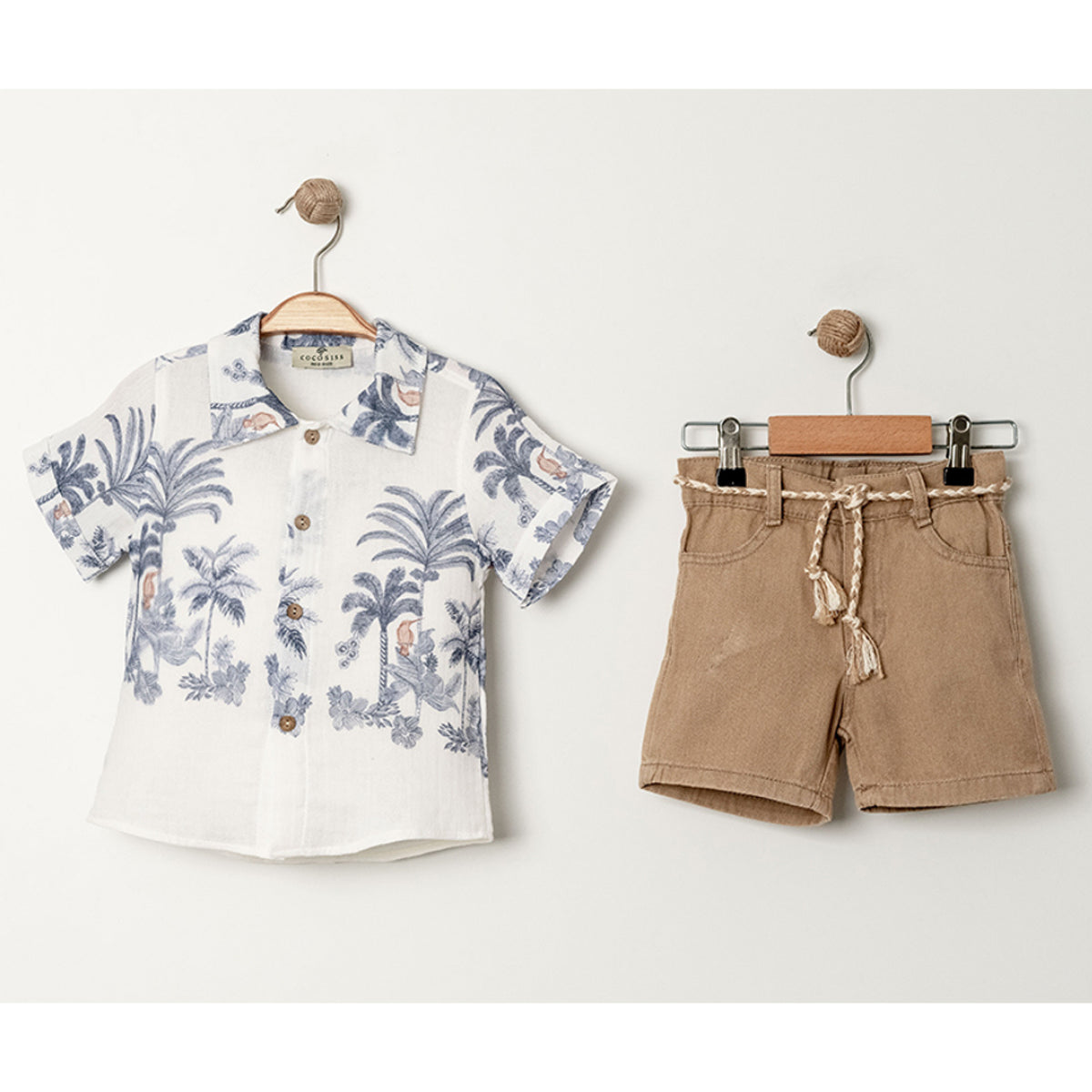 Boys summer outfit with palm tree print shirt