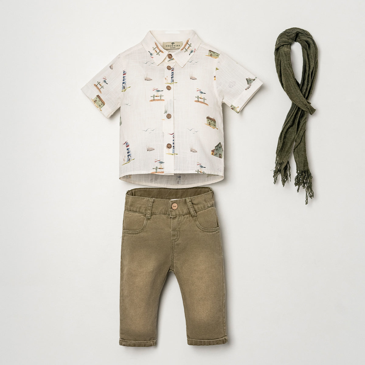 Baby boy coastal outfit with lighthouse shirt and olive pants