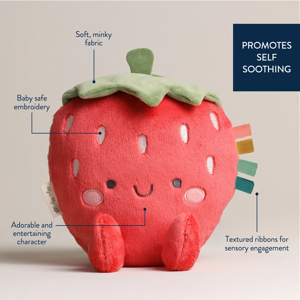 Strawberry sensory toy with textured ribbons for babies