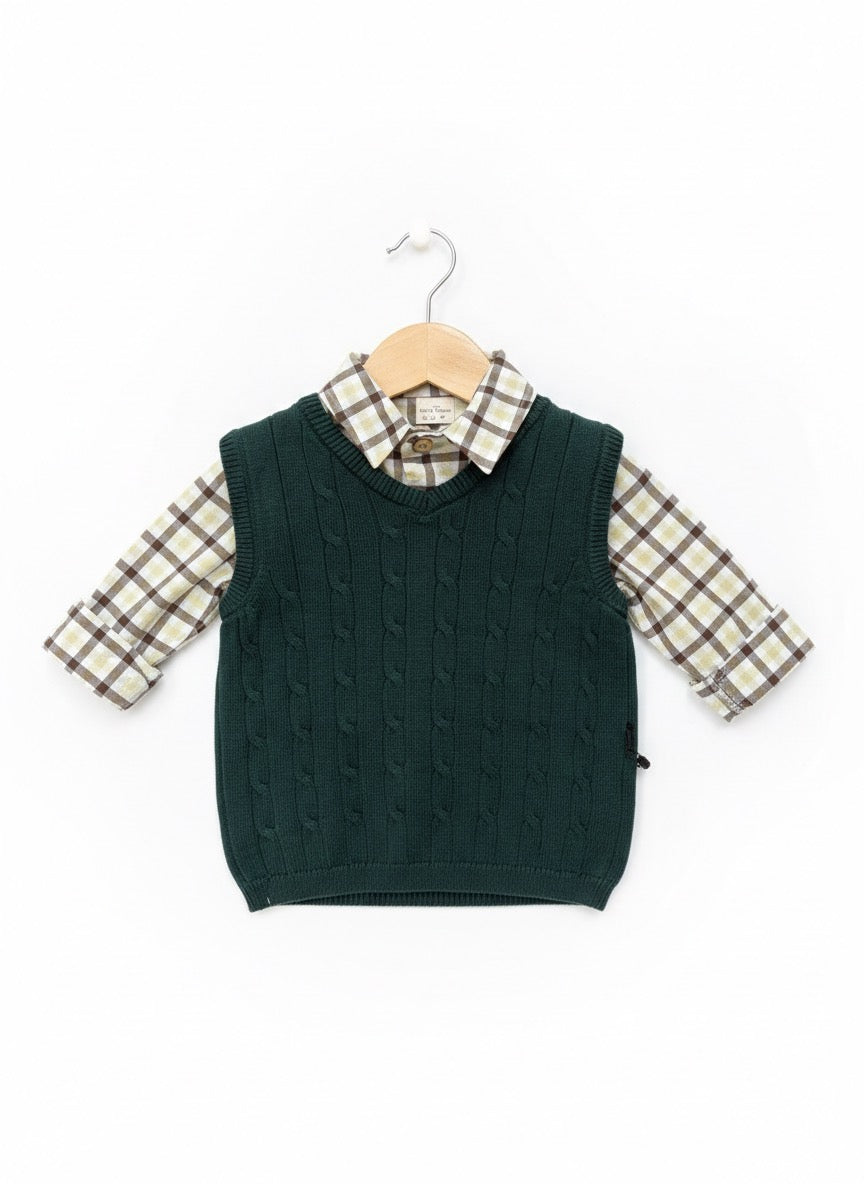Three piece baby boy set with sweater vest, long sleeve shirt, and jeans