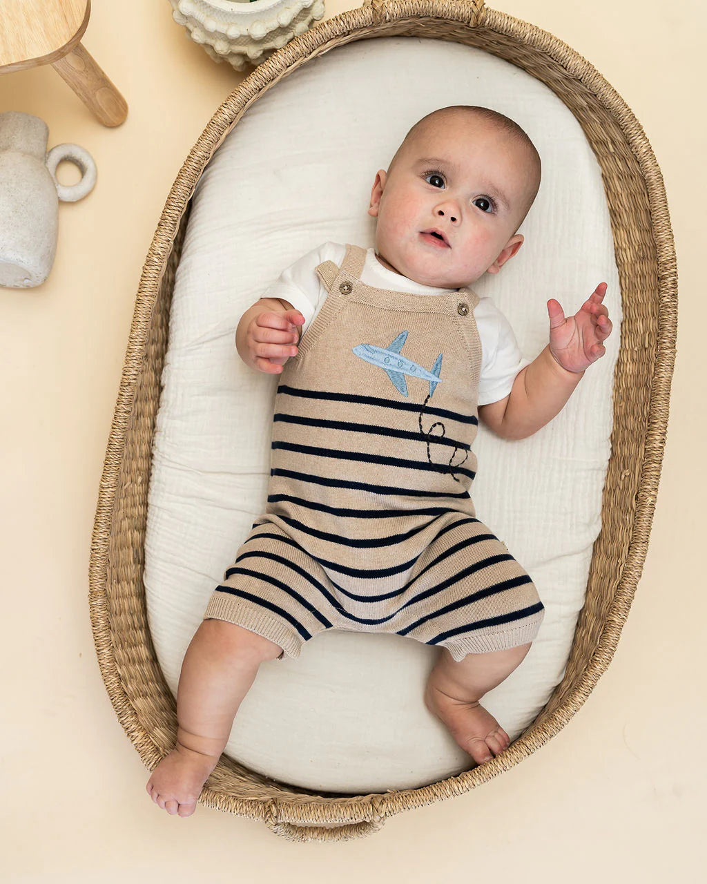 Organic baby boy two-piece romper outfit with embroidered airplane perfect for everyday wear and travel.