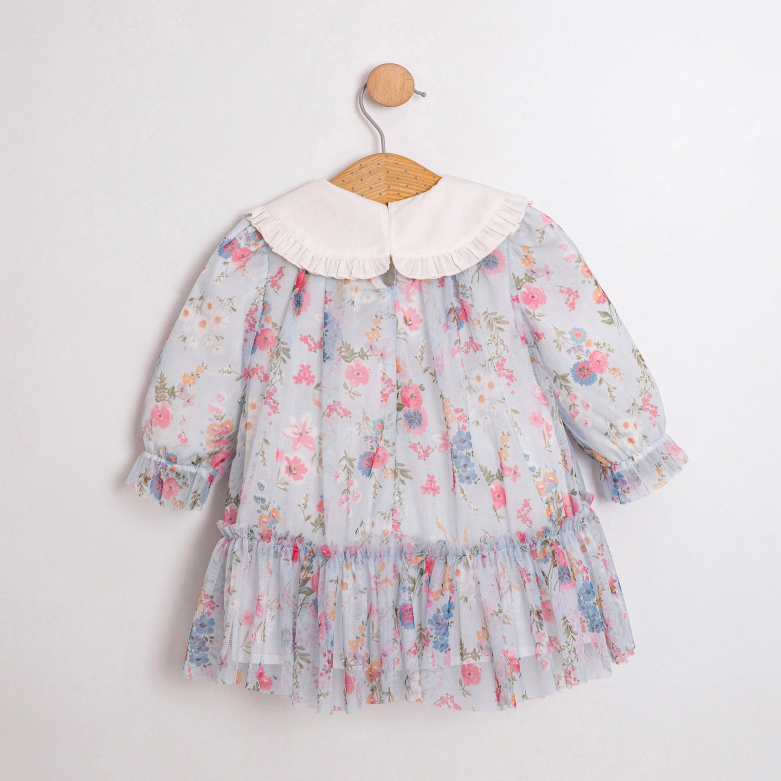 Pastel floral baby dress with ruffle hem and long sleeves