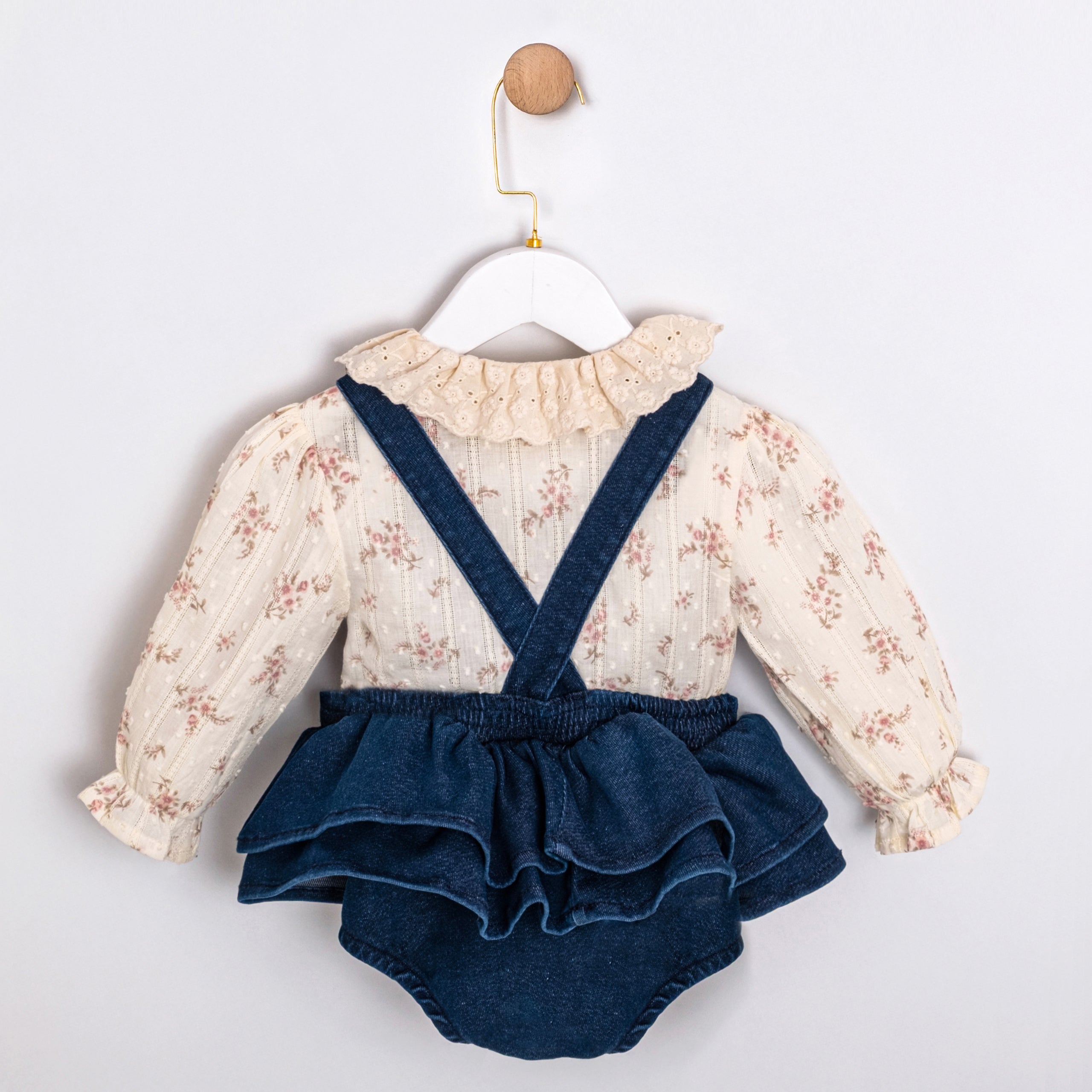 Floral blouse and denim baby pinafore romper set