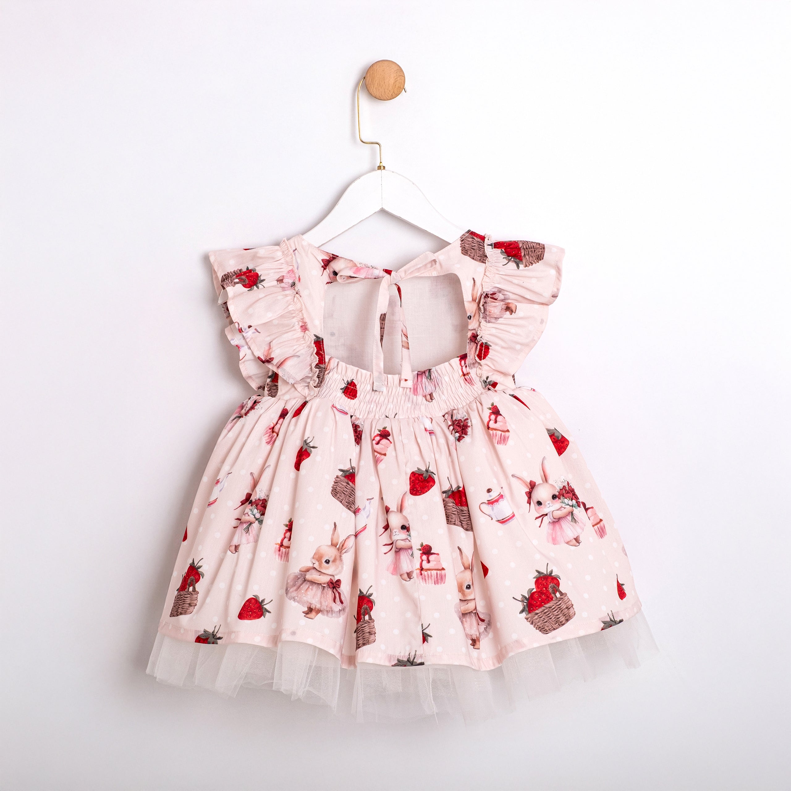 Baby girl dress with bunny and strawberry print and tulle hem