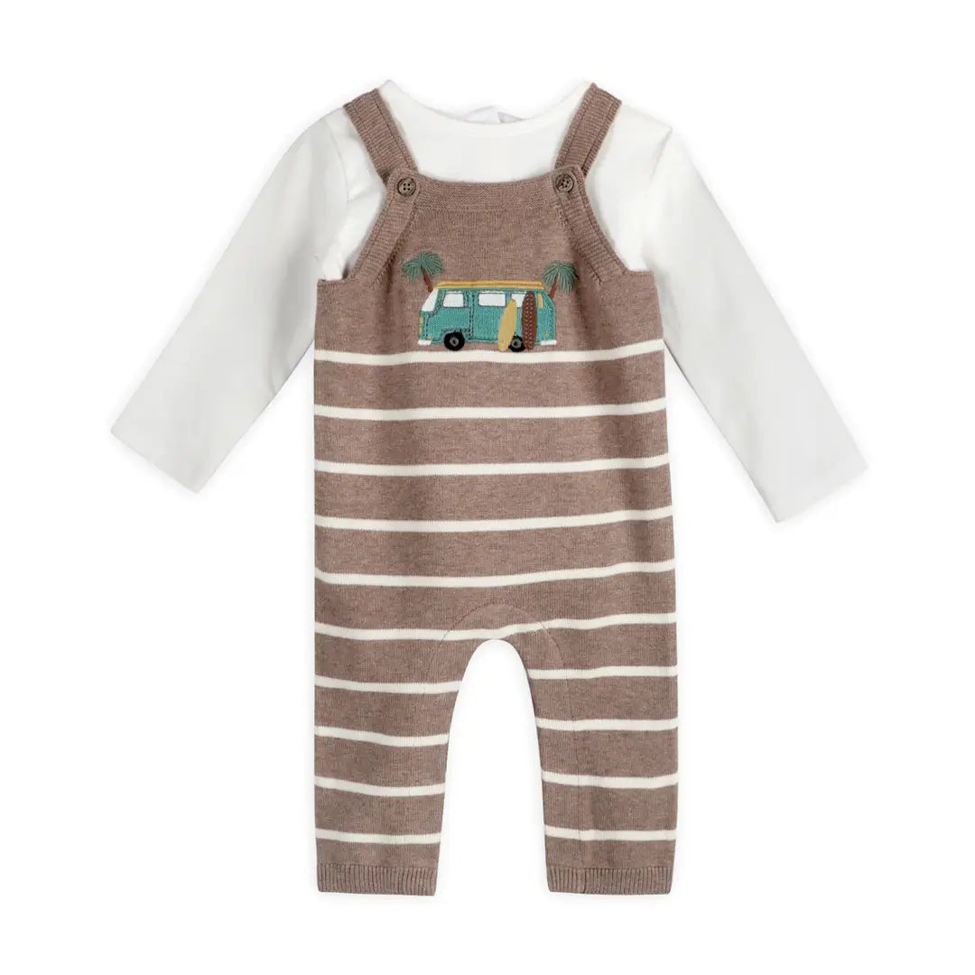 Organic cotton baby overall set with striped knit overalls and camper embroidery.