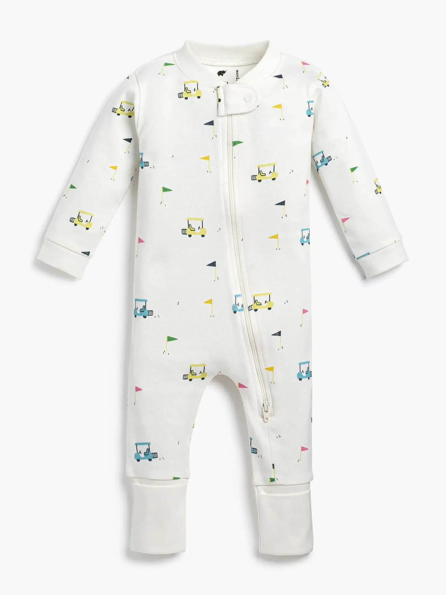 Soft cotton baby one-piece pajamas with golf cart print and two-way zipper for easy diaper changes.