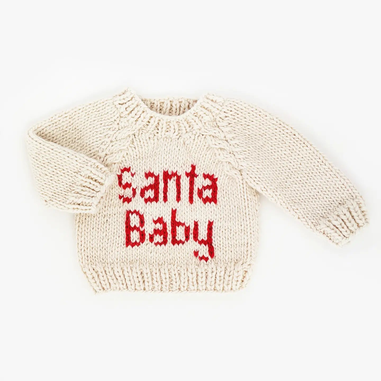 Knitted sweater with 'Santa Baby' text on a white background