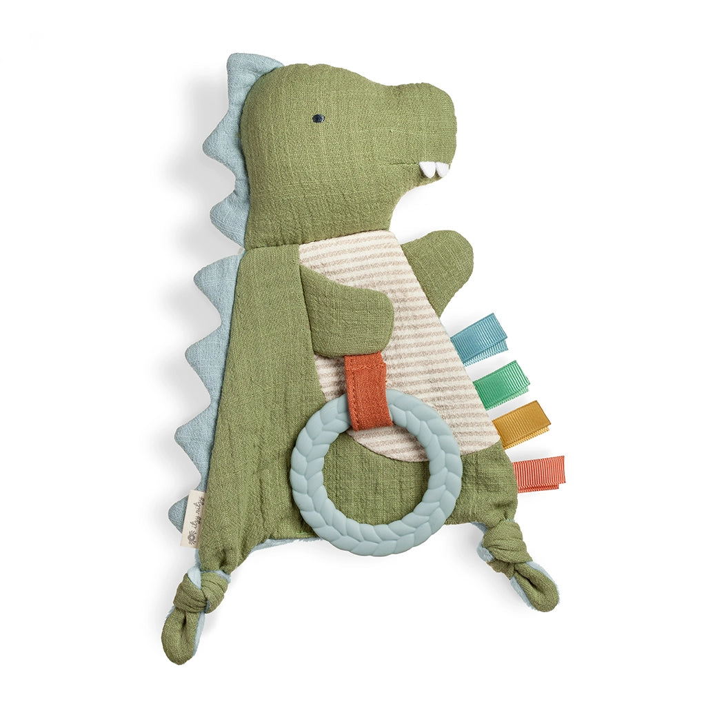 Green dinosaur baby teether and sensory lovey