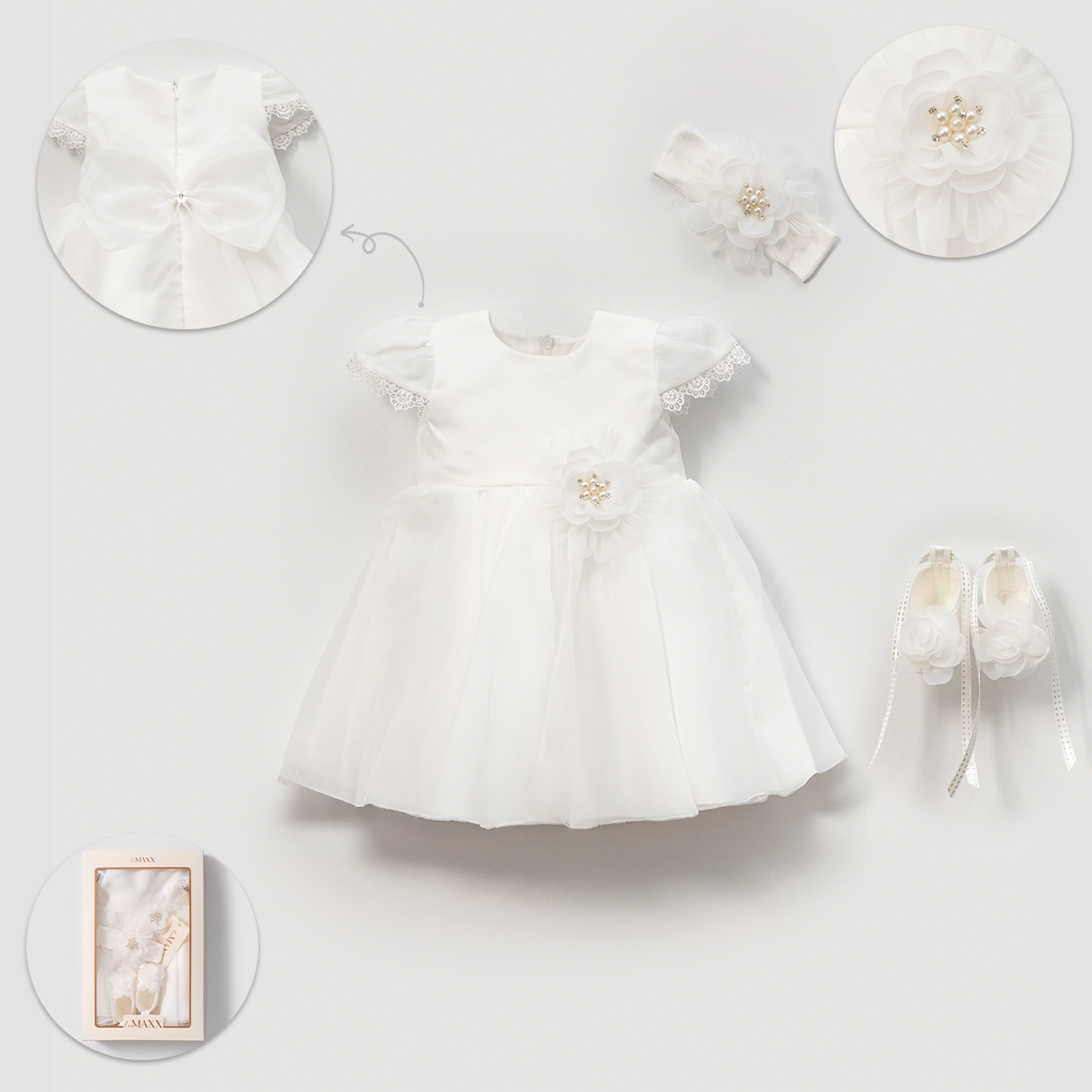 Baby girl white christening dress set with flower details, headband and shoes