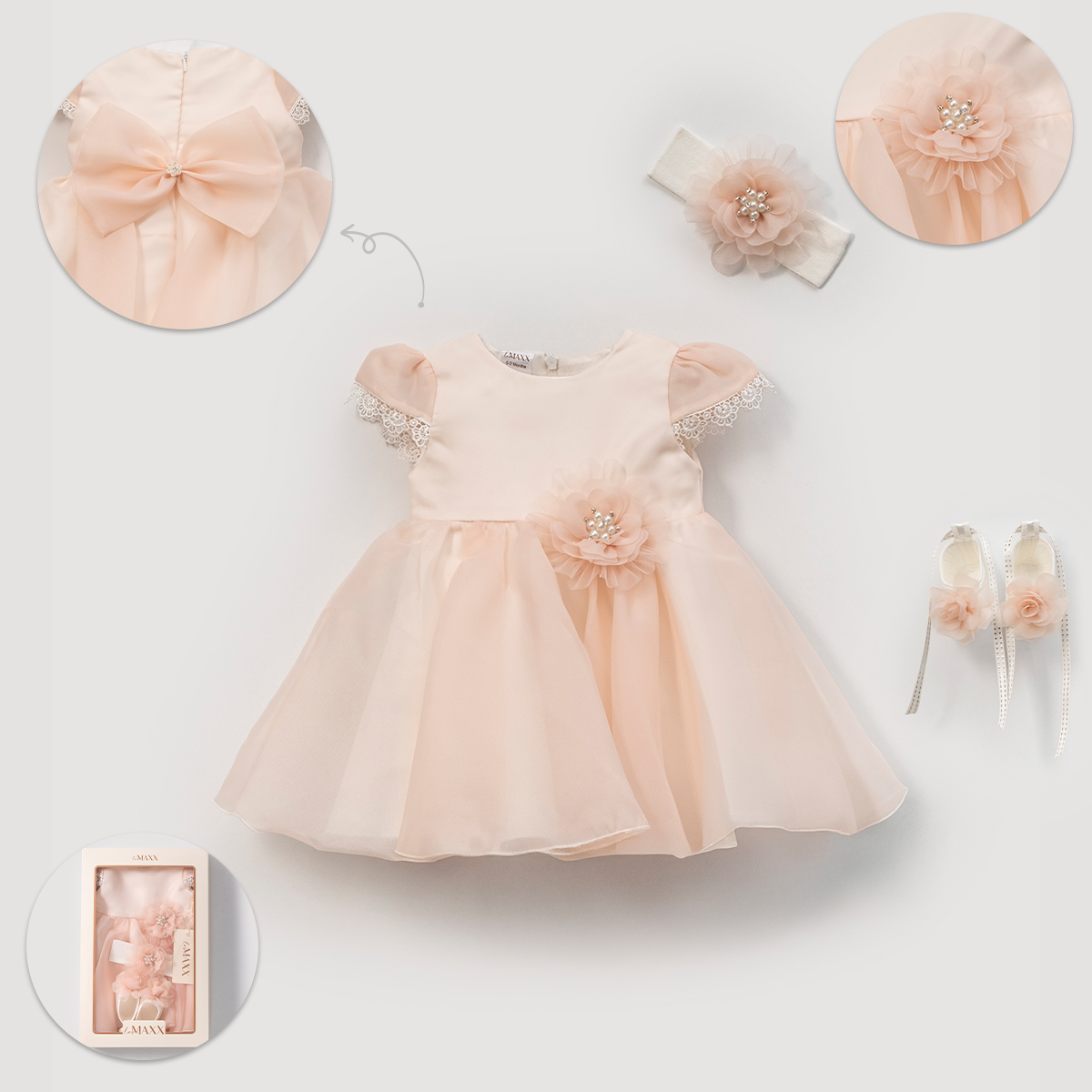 Pink baptism dress for baby girls with pearl flower applique and big back bow