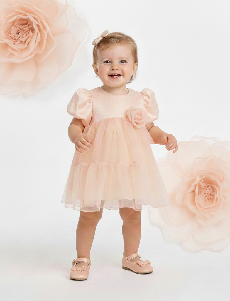 Arabella blush tulle baby dress with puff sleeves