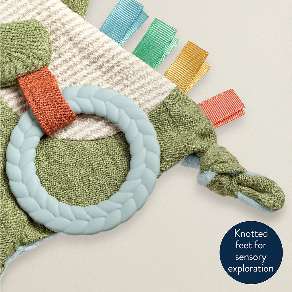 Dinosaur teething toy with textured ring and ribbons