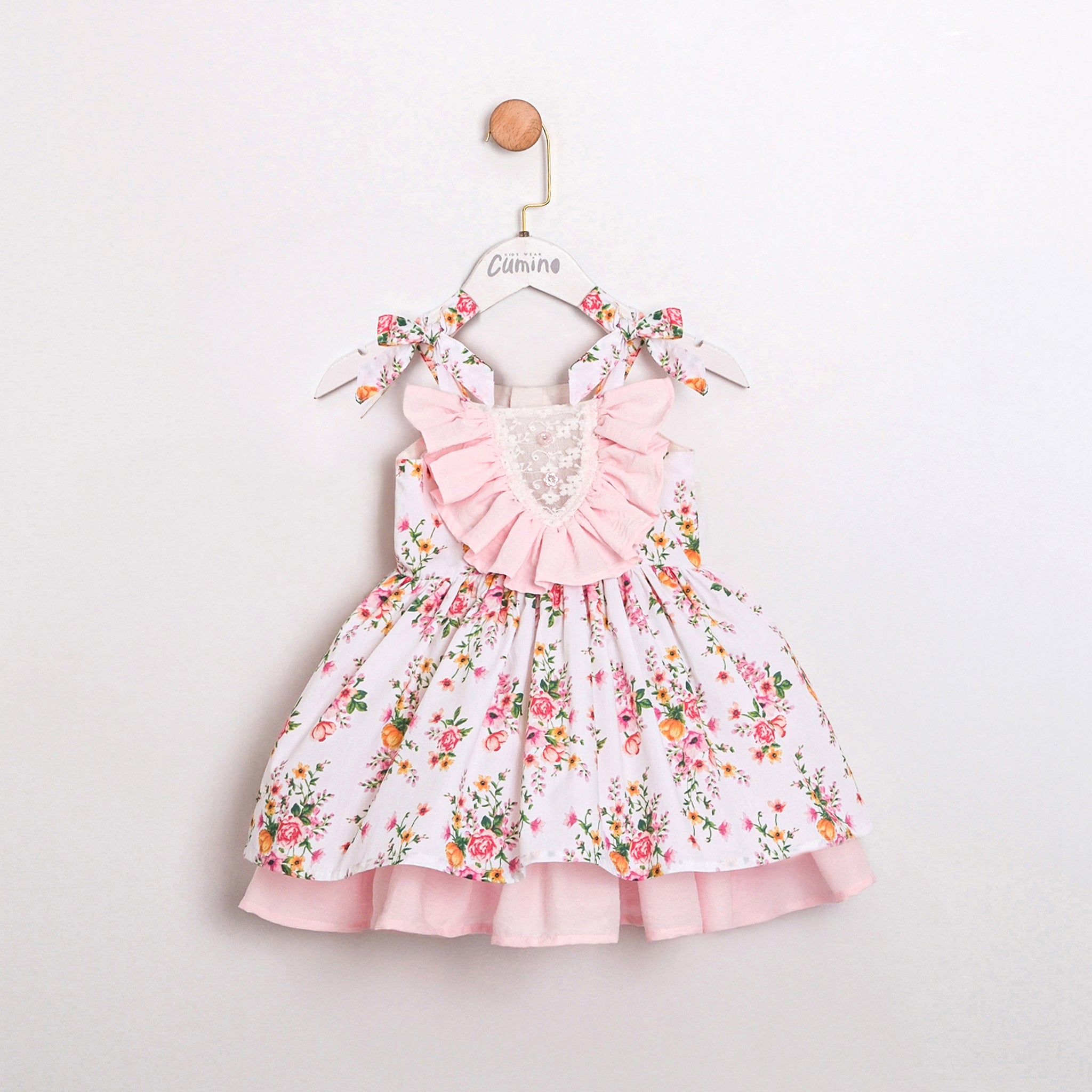 Baby girl vintage floral dress with pink ruffle bodice