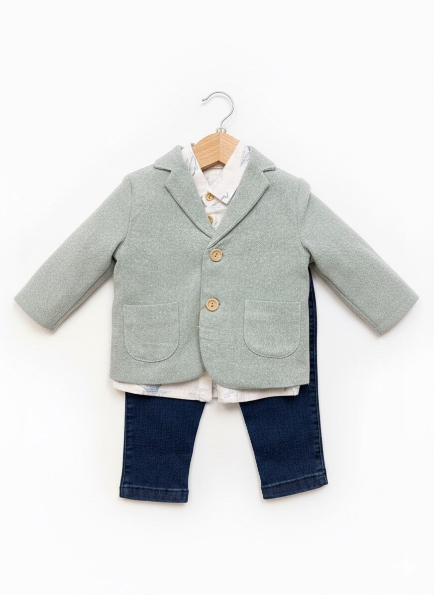 Baby boy outfit with sage blazer jacket, shirt, and denim pants