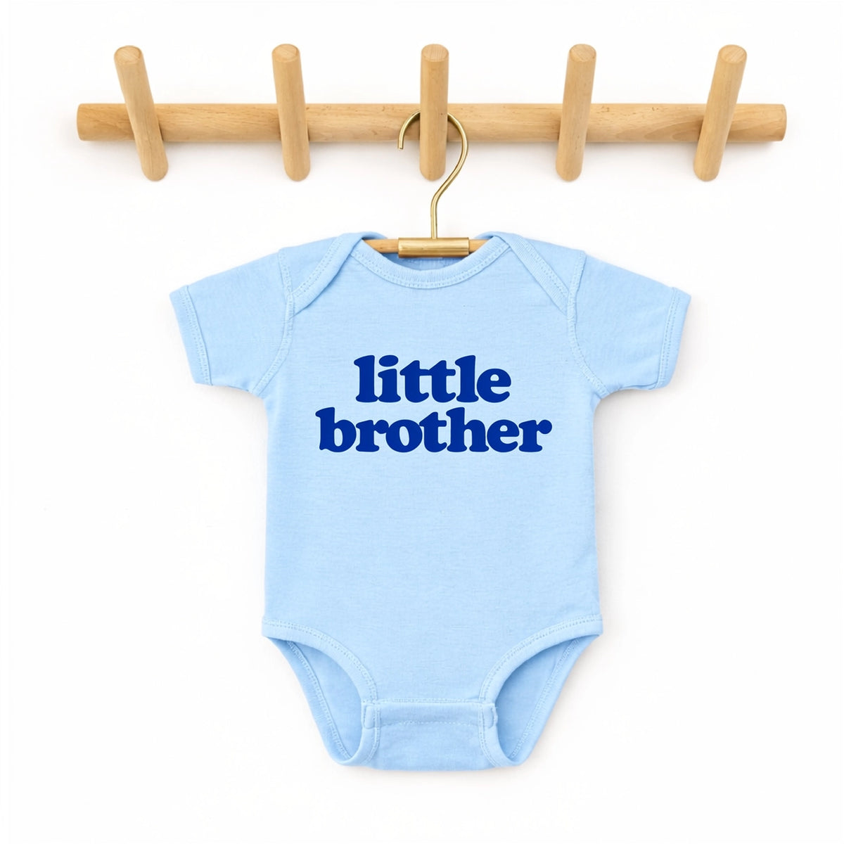Light blue Little Brother baby onesie with bold navy lettering