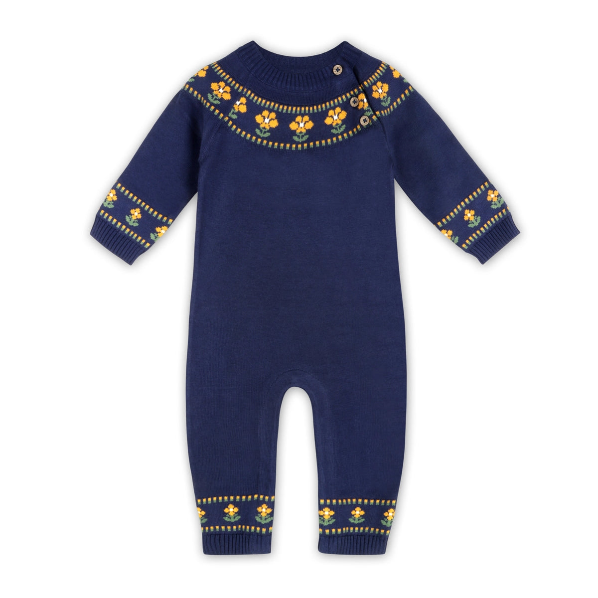 navy blue organic cotton baby jumpsuit with yellow floral knit pattern, green leaves, and wooden buttons